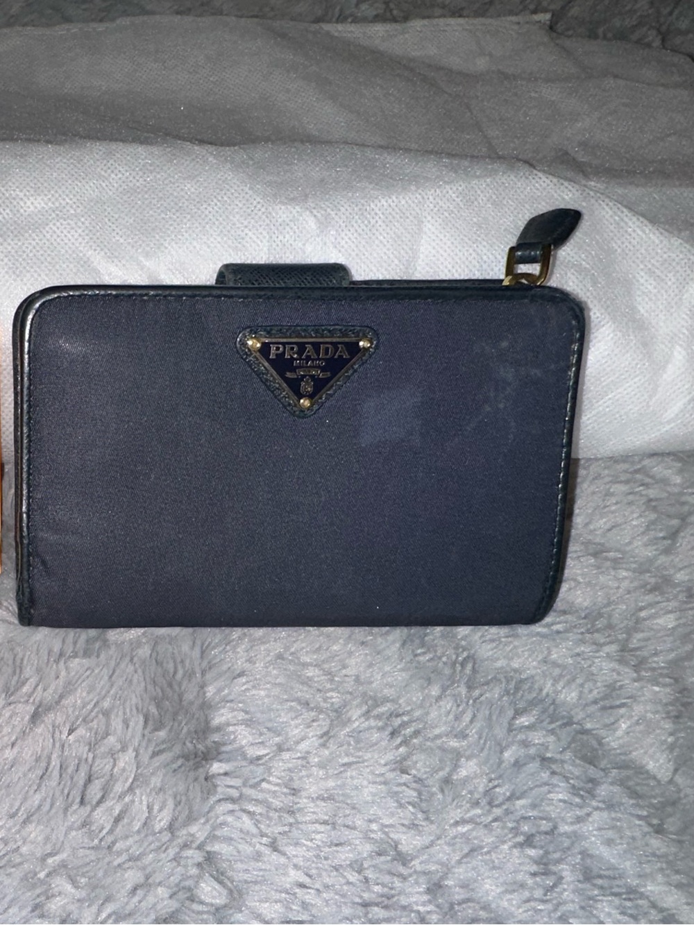 Prada navy Saffiano Bi-Fold Card Wallet with Gold Logo